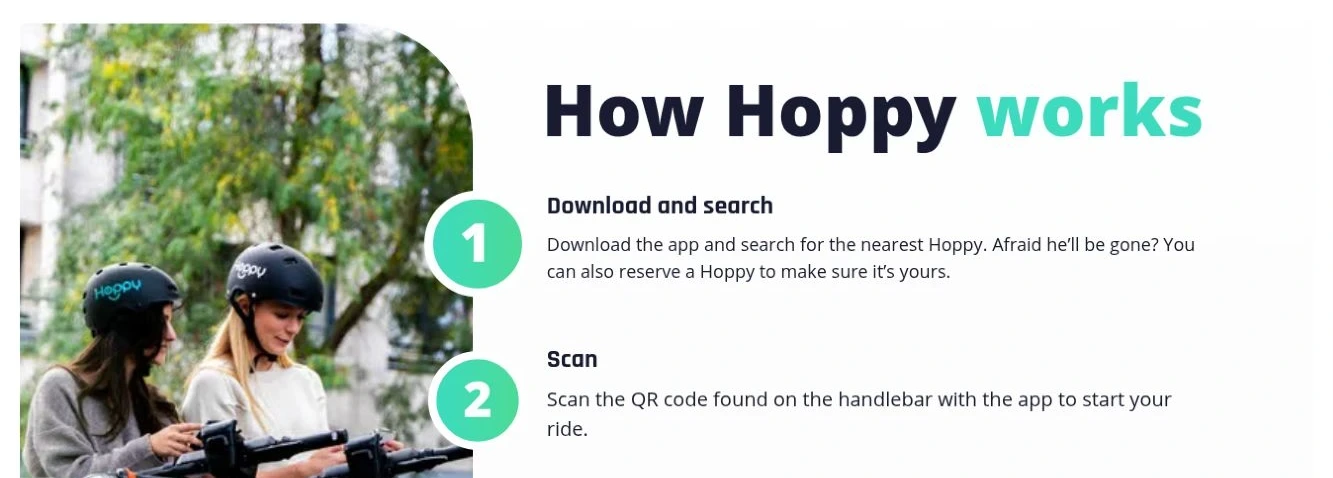 The Hoppy website we designed, presenting the offering and explaining shared mobility